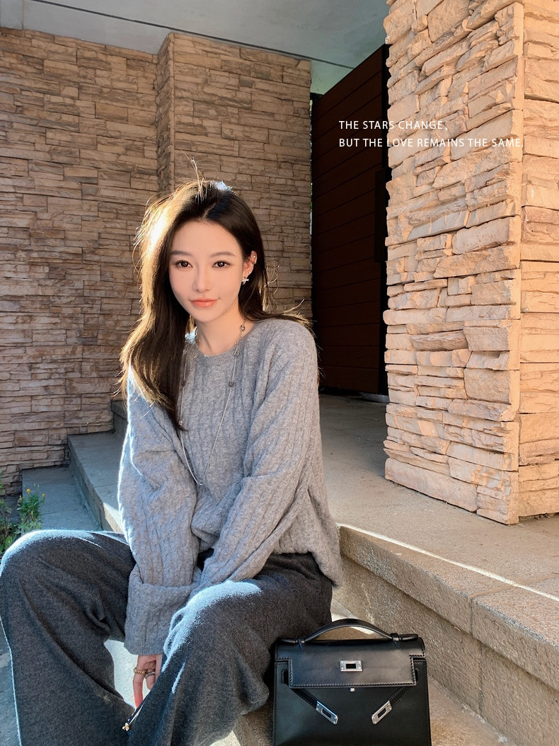 套头圆领长袖纯色2024年秋季时尚气质针织衫,女装羊毛衫,百纯羊绒