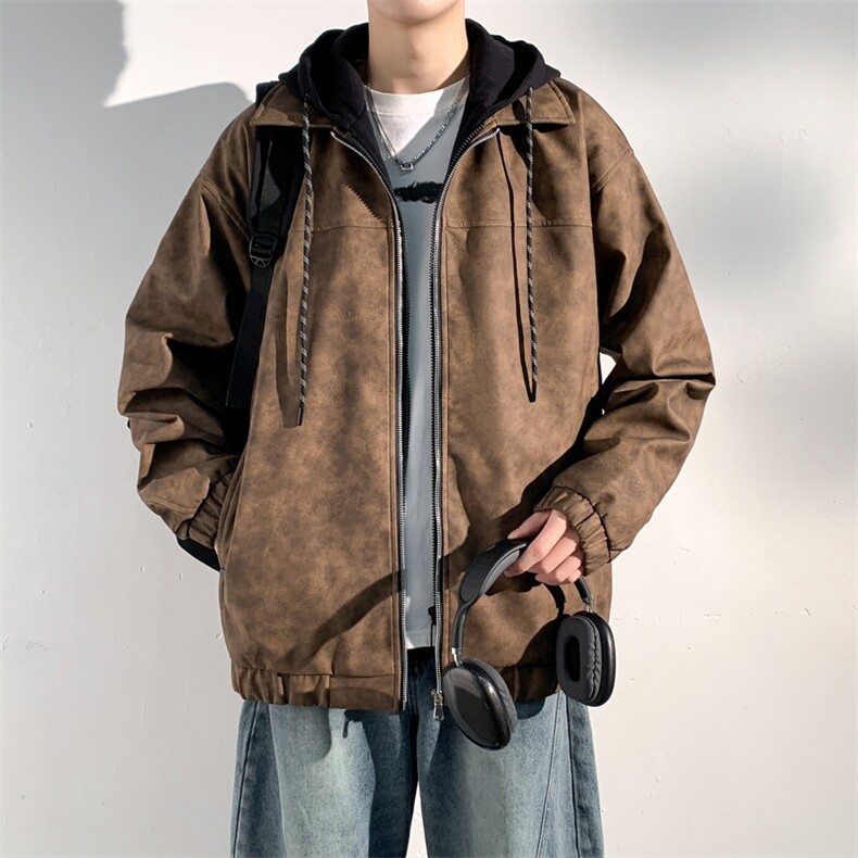 假两件拼接连帽皮夹克男款宽松休闲潮流皮衣外套A406 JK6002 P90图片