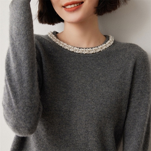 小香风镶钻~2025秋冬圆领山羊绒衫女纯色修身保暖毛衣针织羊毛衫