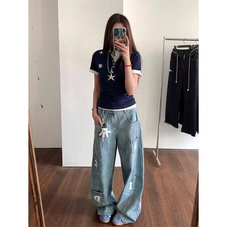 美式复古水洗弯刀牛仔裤男女宽松多口袋阔腿直筒裤子LN60733-P55,男装牛仔裤,星座1008