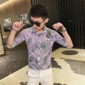 312A-114-P55 新款社会小伙中袖衬衫韩版潮流男士五分袖衬衣B图片