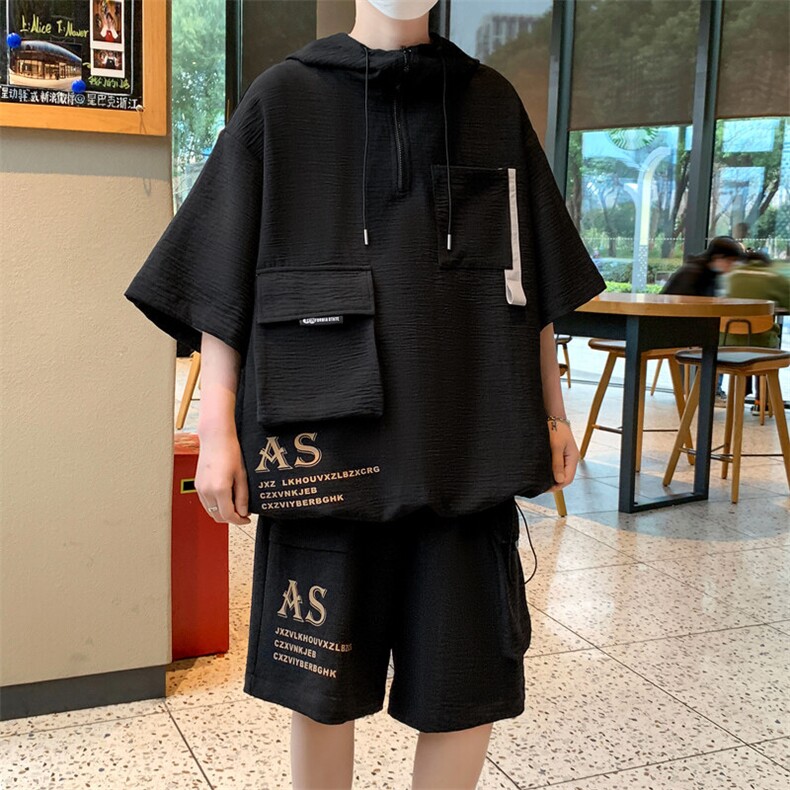 美式工装休闲运动套装夏季痞帅一套短袖短裤两件套A436-T02-P65,男装休闲套装,电商A436