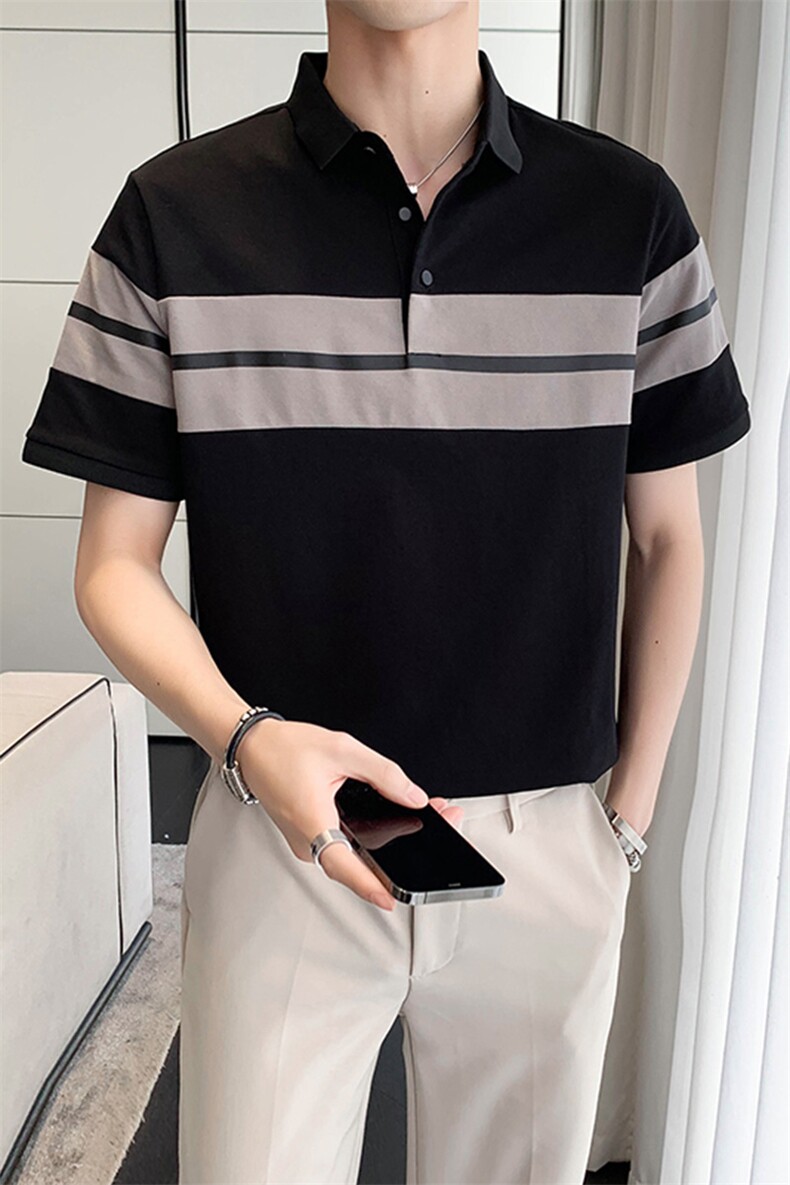 轻熟风青年条纹撞色拼接翻领Polo衫短袖体恤PL15/P50特控68，男装T恤，电商A243