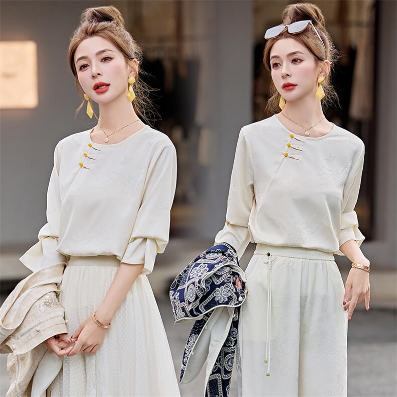 芷墨春季新款复古通勤百搭新中式衬衫简约纯色宽松圆领衬衫上衣女，女装衬衫，芷墨服饰