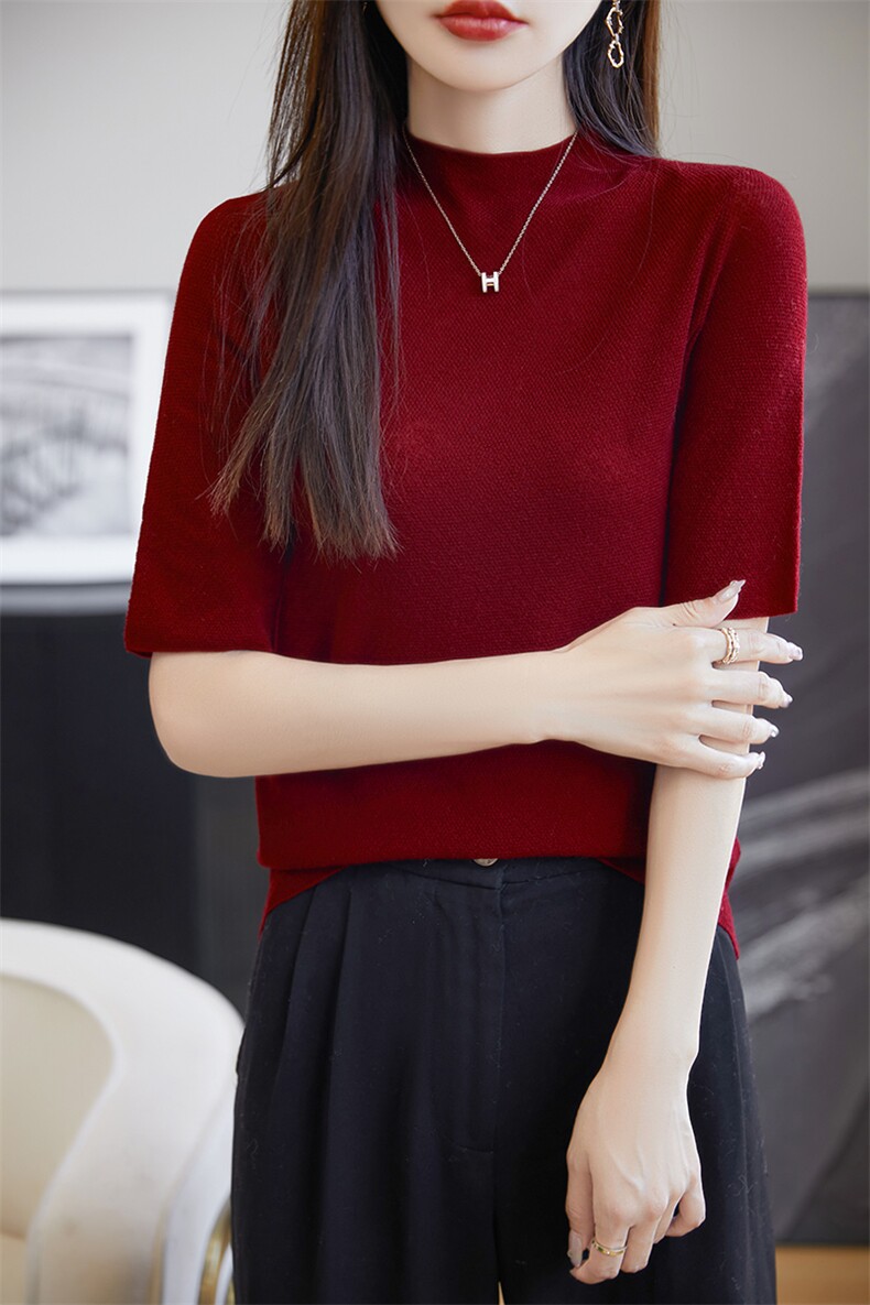 针织衫女夏薄款小众设计感短款修身显瘦半高领中袖紧身弹力打底衫,女装羊毛衫,朝思羊绒