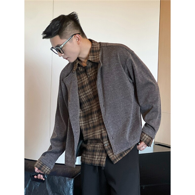 美式复古风假两件拼接衬衫领cleanfit针织衫开衫外套JK06767-P65图片