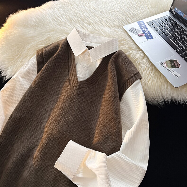 主推款男士假两件衬衫领新款刺绣针织打底衫CS91-P68，男装T恤，电商B278