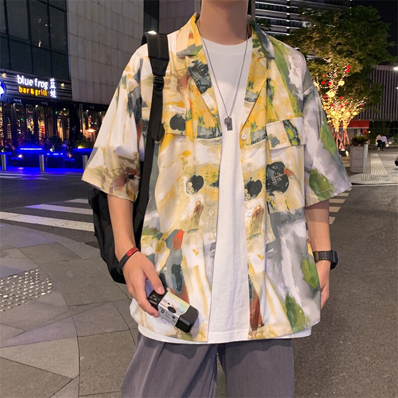 2023夏季ins复古油画碎花短袖衬衫男女bf设计休闲花衬衫W904-P35,男装衬衫,星座512-2
