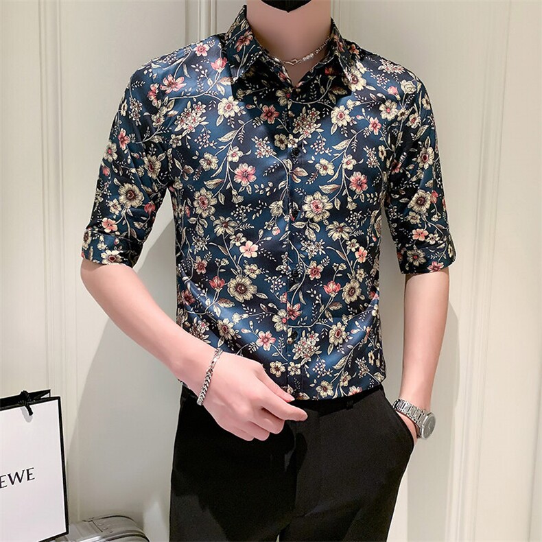 店主风社会小伙男士修身印花中袖衬衫男休闲衬衣301A-1/CS386/P55,男装衬衫,星座301A-1