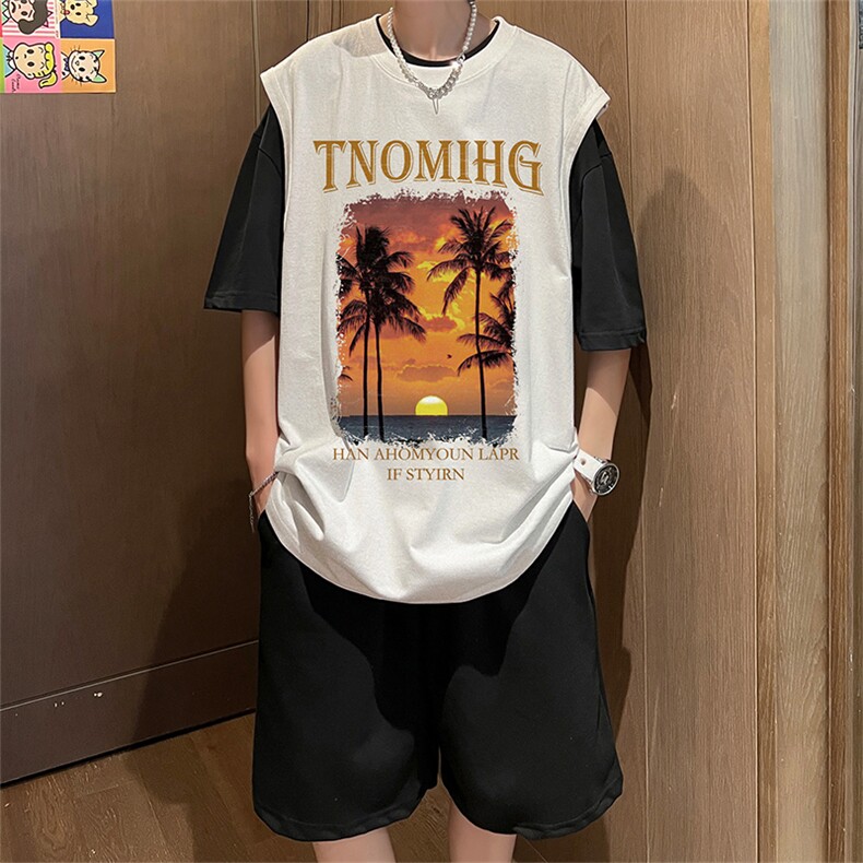 直播品质美式宽松纯棉背心无袖t恤短裤大码两件套套装TZ56-P58,男装T恤,电商A486
