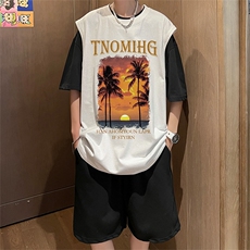 直播品质美式宽松纯棉背心无袖t恤短裤大码两件套套装TZ56-P58，男装T恤，电商A486