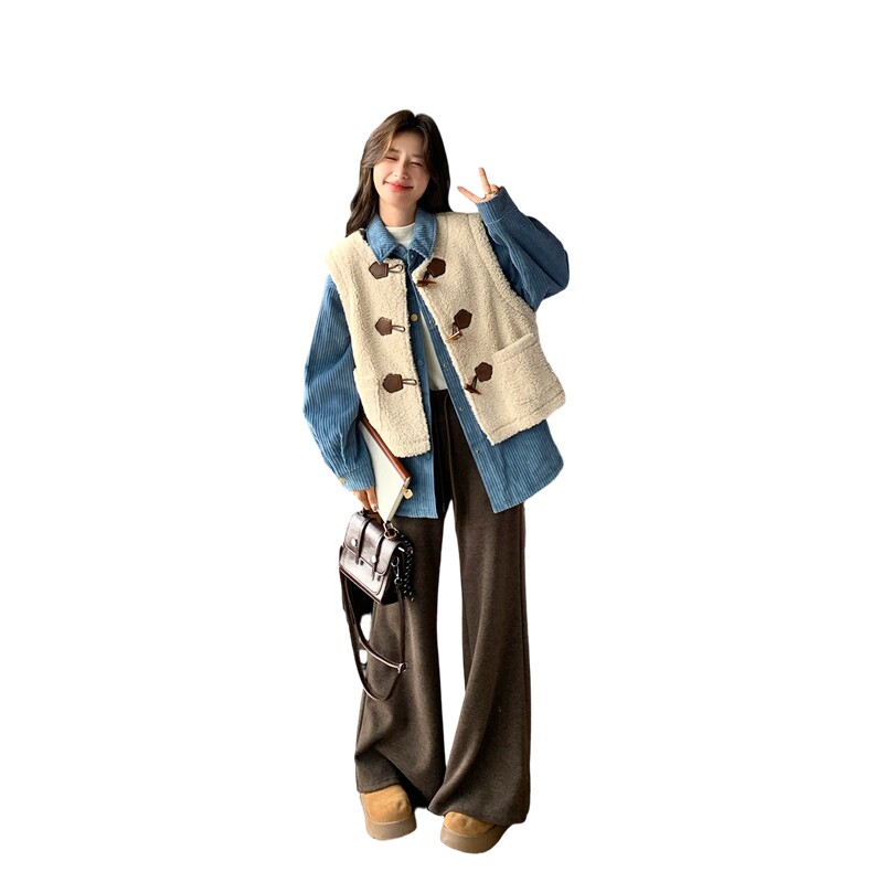 加棉蓝色衬衫棉服叠穿羊羔毛马甲套装女2025冬季新款学院风两件套,女装套装/套裙,2C293