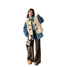 加棉蓝色衬衫棉服叠穿羊羔毛马甲套装女2025冬季新款学院风两件套，女装套装/套裙，2C293