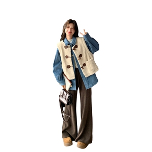 加棉蓝色衬衫棉服叠穿羊羔毛马甲套装女2025冬季新款学院风两件套图片