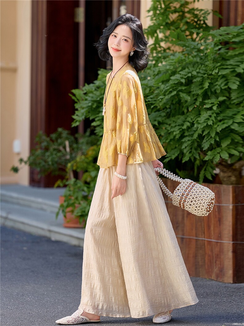夏新款圆领绣花宽松小衫裙裤优雅气质套装女,女装套装/套裙,水衣源
