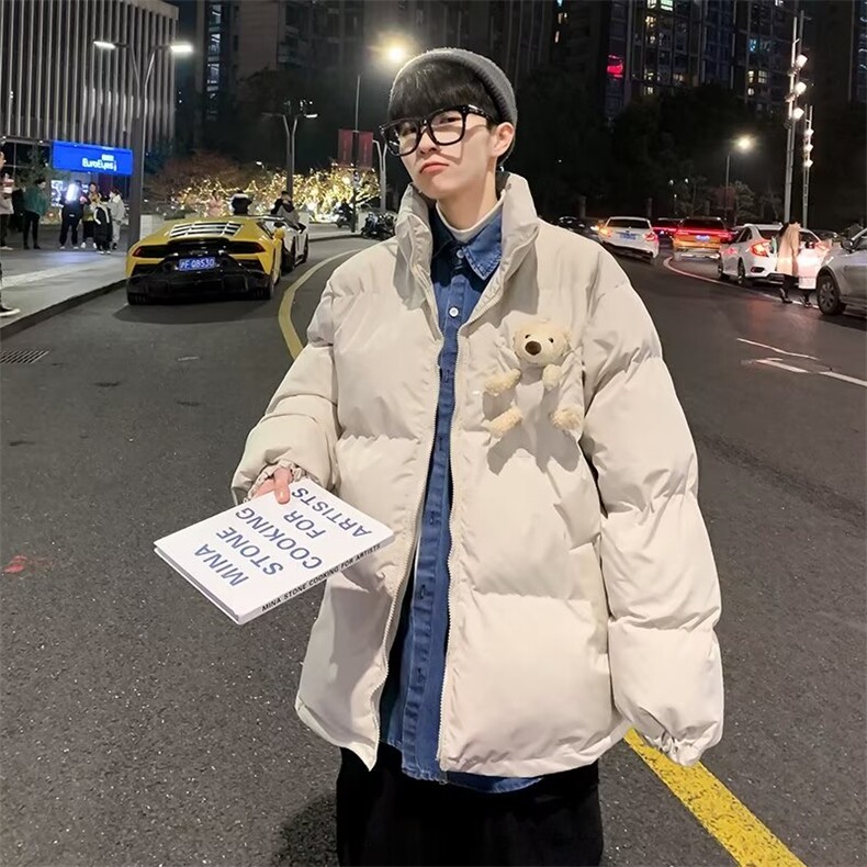 港风休闲小熊立领棉衣男冬季宽松加厚情侣面包服外套W6077-P66,男装棉衣,星座512-2