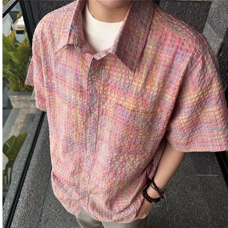粉色泡泡格子休闲短袖衬衫潮牌复古撞色宽松翻领外套男痞帅衬衣潮,男装T恤,星座218-1（原230）
