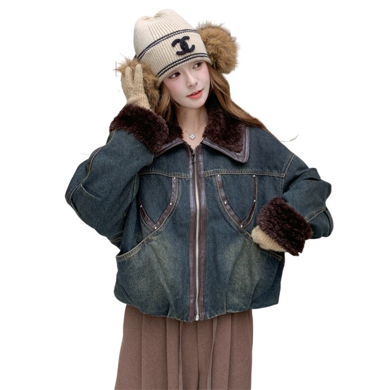 【档口现货】美拉德系毛领撞色牛仔羽绒服2C233-810-P235-K349,女装羽绒服,2C233