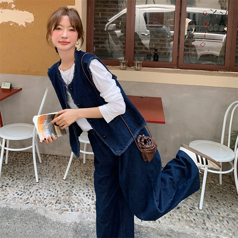 韩系蓝色小香风牛仔套装女2025春季新款时尚休闲马甲阔腿裤两件套图片