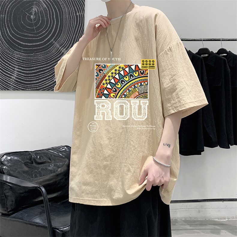 YT26370-P30亚麻短袖t恤男大码五分袖男宽松七分袖大皂风模特,男装T恤,电商A040