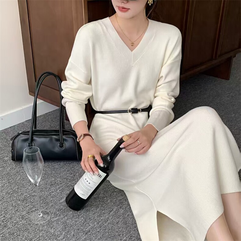 秋冬新款纯色针织v领长裙时尚百搭,针织衫/毛衣,源达羊绒