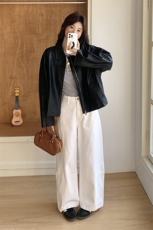 黑色复古短款皮衣外套女2025春季新款高级感休闲翻领pu皮夹克上衣，女装皮衣，2C176