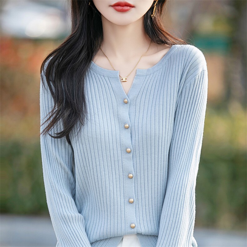 2025春秋半开领精纺羊毛开衫女坑条针织毛衣宽松长袖百搭外套上衣图片