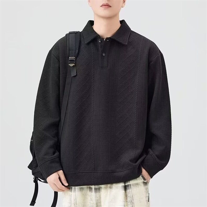 2026新款日系菱形格POLO衫男款长袖春秋季简约高级感翻领卫衣服,男装Polo衫,星座715-4