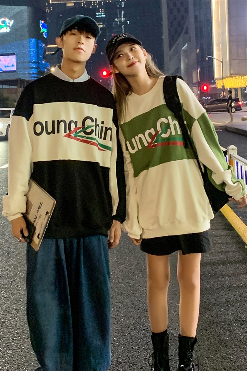 703-W220秋季情侣宽松拼色不对称圆领休闲卫衣女装类目,男装卫衣,星座703