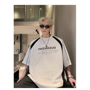 插肩袖t恤男款夏季美式机车服高级感t恤拼接潮牌小领口重磅上衣服,浅口黑色鞋衣服搭配图片图片