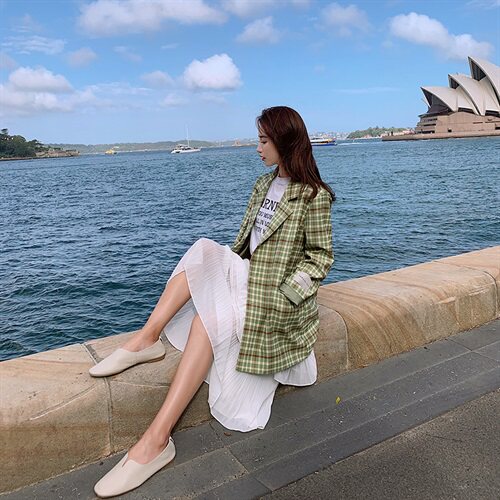 西装2021潮流时尚春季新款格子西装领排扣长袖宽松，女装西装，艾艾淮淮
