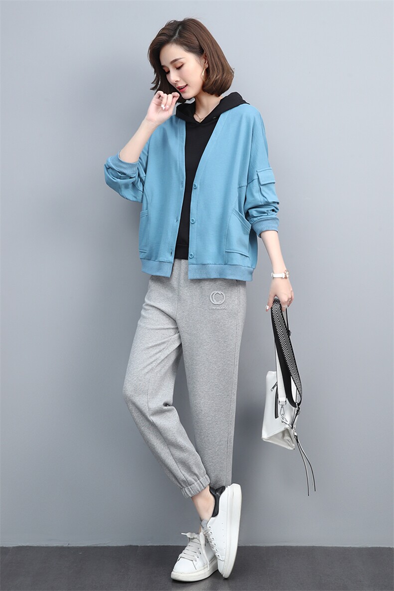 2021春季新款时尚V领休闲宽松舒适卫衣两件套,女装套装/套裙,玛其路