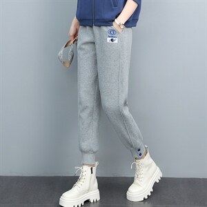 时尚刺绣加绒休闲裤女冬季新款显瘦百搭宽松长裤图片