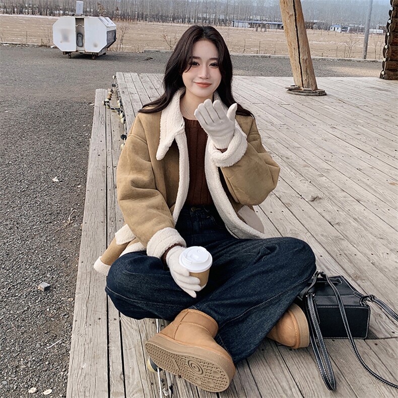 羊羔毛厚外套女2024冬新款今年流行翻领机车服宽松超好看皮毛一体,女装皮草,2C050