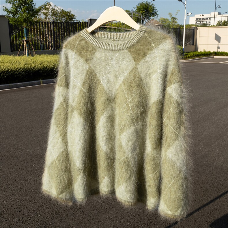 HE|真拉绒工艺！菱形格A规100%纯山羊绒衫女圆领宽松针织厚毛衣，女装羊绒衫，诚赞羊绒
