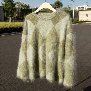 HE | 真拉绒工艺！菱形格A规100%纯山羊绒衫女圆领宽松针织厚毛衣，女装羊绒衫，诚赞羊绒