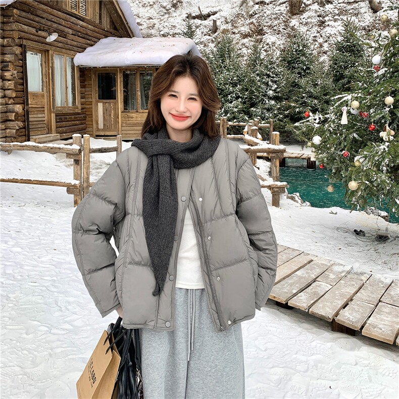 慵懒风时尚短款羽绒服女2025冬季新款灰色加厚宽松保暖面包服外套,女装羽绒服,2C126