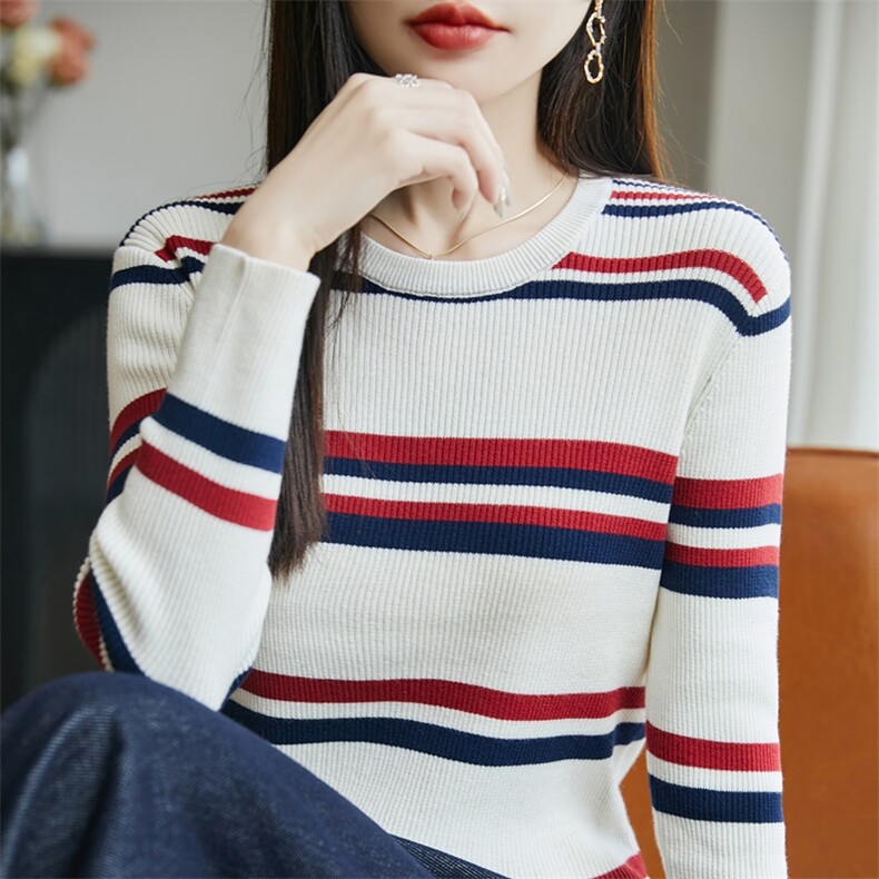 2025年秋季新款百搭女士拼色条纹长袖针织衫,针织衫/毛衣,丹芙娇羊绒