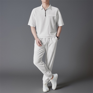 夏款男半袖翻领运动套装时尚宽松长裤两件套冰丝潮流青年男装图片