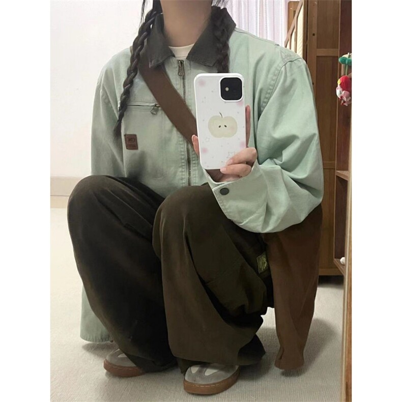 薄荷绿撞色翻领简约外套男女春秋季新款宽松休闲百搭夹克WT885,男装夹克,星座601-1
