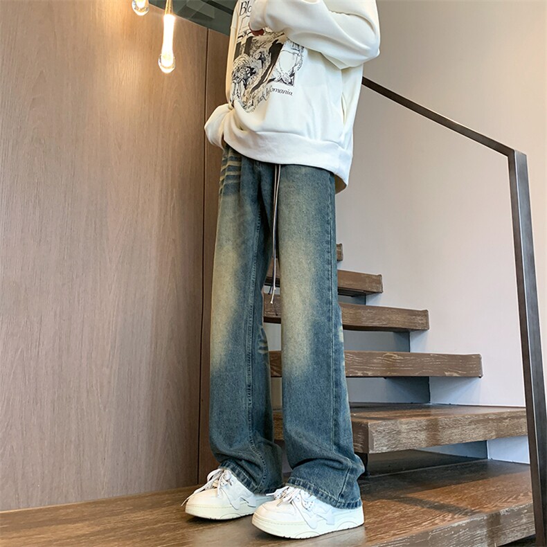 美式高街夏季水洗做旧工艺破洞牛仔裤男宽松直筒垂感阔腿长裤,男装牛仔裤,星座716-4