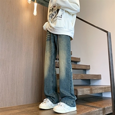 美式高街夏季水洗做旧工艺破洞牛仔裤男宽松直筒垂感阔腿长裤，男装牛仔裤，星座716-4