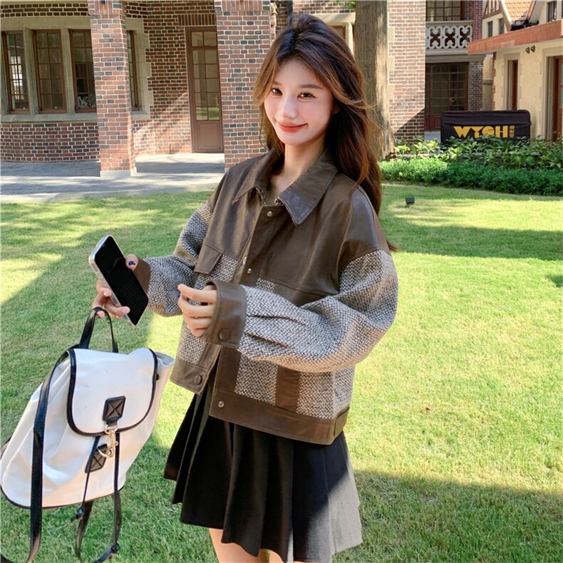 韩版时尚拼接皮衣外套女2025春秋季新款港风复古宽松显瘦夹克上衣，女装皮衣，2C118