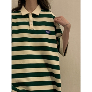 1中性风大码M-5XL美式条纹polo衫女翻领短袖T恤男DP8761P40控59图片