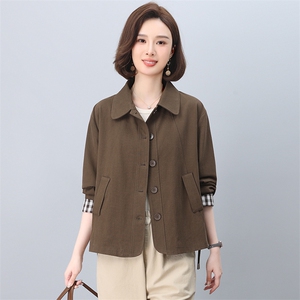 中年妈妈纯棉风衣外套女短款2025春秋新款小个子宽松大码夹克上衣图片
