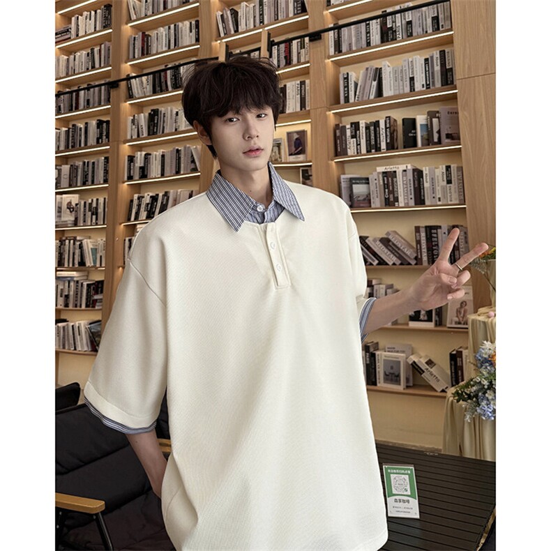 8XL-M假两件衬衫领短袖T恤大码夏季条纹拼接polo衫半袖DX1211/P45，男装Polo衫，电商B238