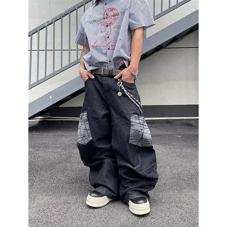 美式街头贴布格纹大口袋设计感小众牛仔裤男女生超火ins宽松裤子,男装牛仔裤,星座302B-2