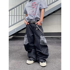 美式街头贴布格纹大口袋设计感小众牛仔裤男女生超火ins宽松裤子图片