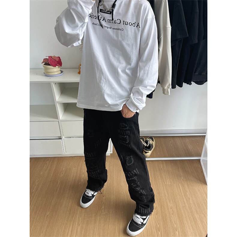B221美式ins高街小众假破洞修身微喇牛仔裤LK22065-P65控88,男装牛仔裤,电商B221