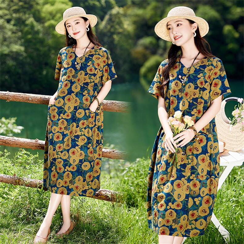 夏天宽松大码印花短袖连衣裙女2025新款洋气减龄显瘦棉麻碎花裙子图片